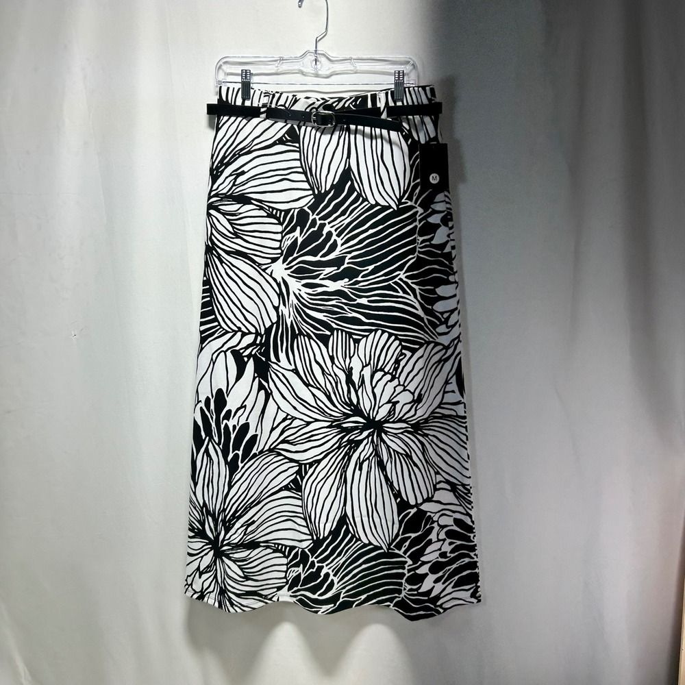 Messini Black White Floral Maxi Skirt Belted Size Medium - Picture 1 of 11